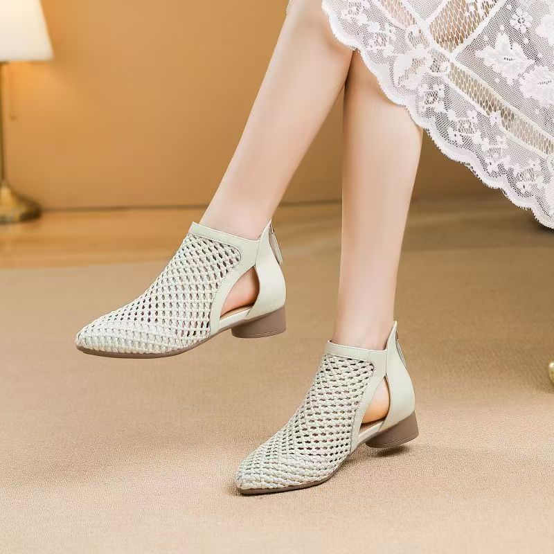 Women's Spring Summer New Leather Hollow Out Cool Boots Soft Sole Non Slip Low Heel High Quality Zippers Pointed Toe Ankle Boots