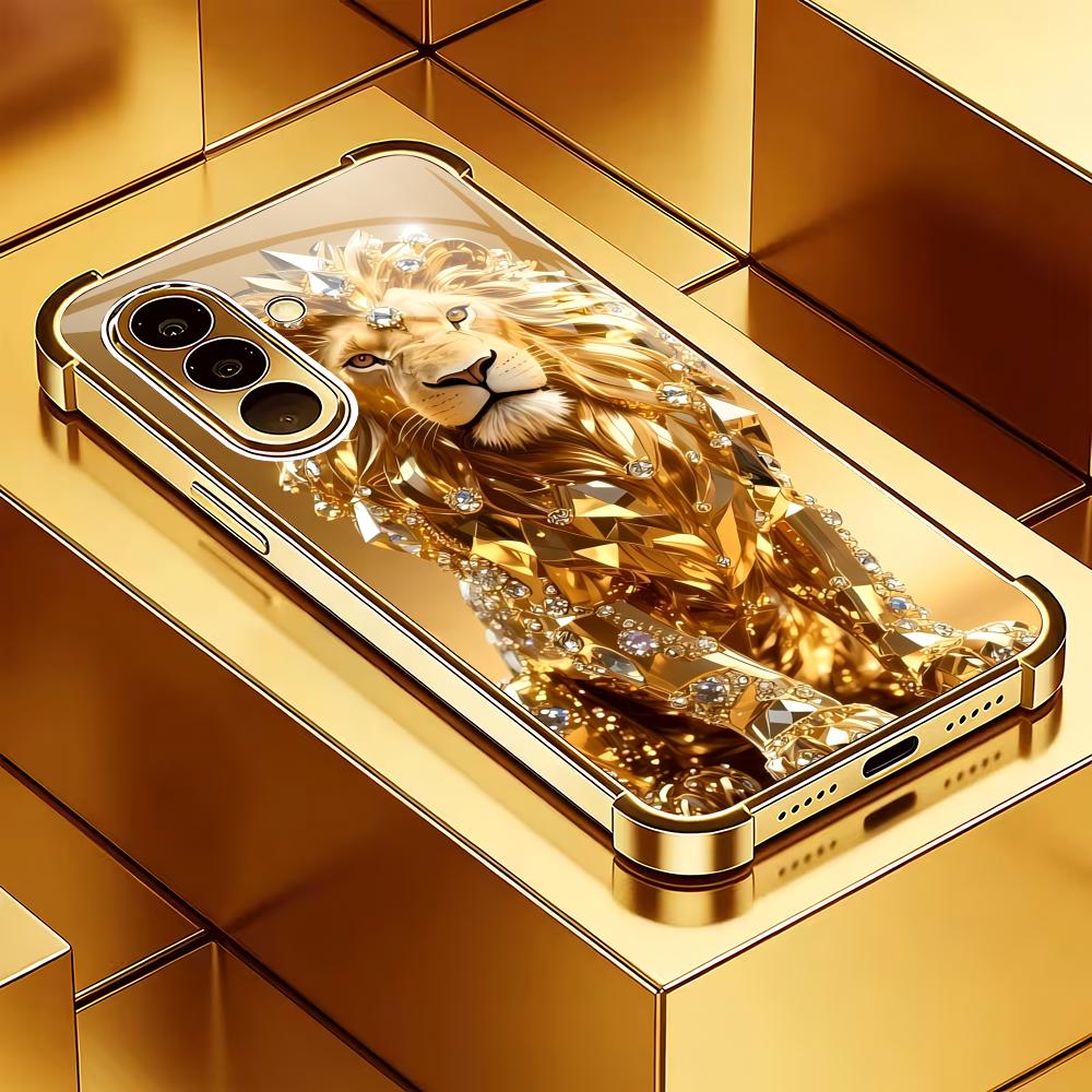 

Golden Lion electroplated glass phone case suitable for Samsung Galaxy S26 S25 S24 S23 S22 S20FE/Ultra/Plus anti drop back cover GalaxyA255G
