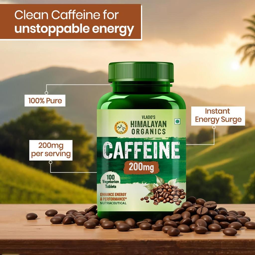 Vlado's Himalayan Organics Caffeine 200mg Tablets For Energy Focus And Pre Workout Support - 100 Veg Tablets