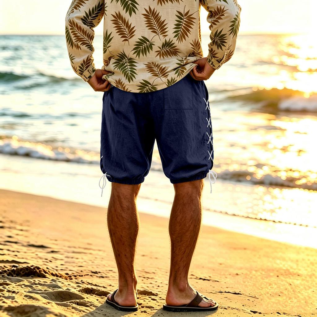 Men's Linen Casual Shorts Side Drawstring Cotton Linen Breathable Beach Pants Summer Lightweight Loose Fit Straight Leg