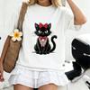 Cartoon Schwarze Katze Schleife Grafik T-Shirt Lässig Sommer Kurzarm Oversize T-Shirt Süßer Kätzchen Druck Street Unisex Y2k Oberteil Harajuku