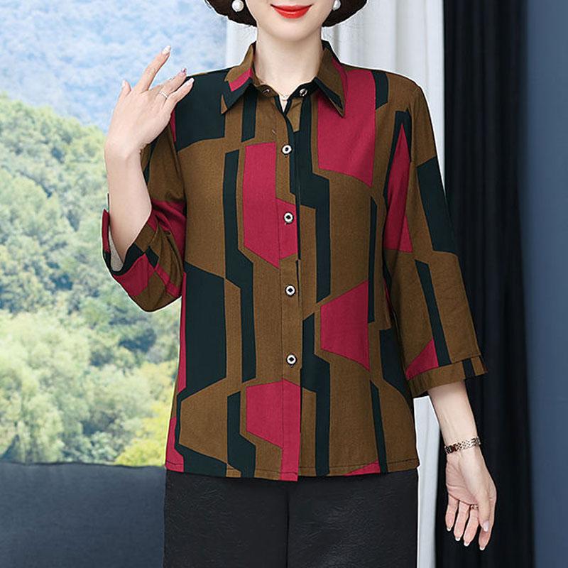Vintage Broken Printed Blouse Spring Summer 3/4 Sleeve Turn-down Collar Commute Single-breasted Shirt