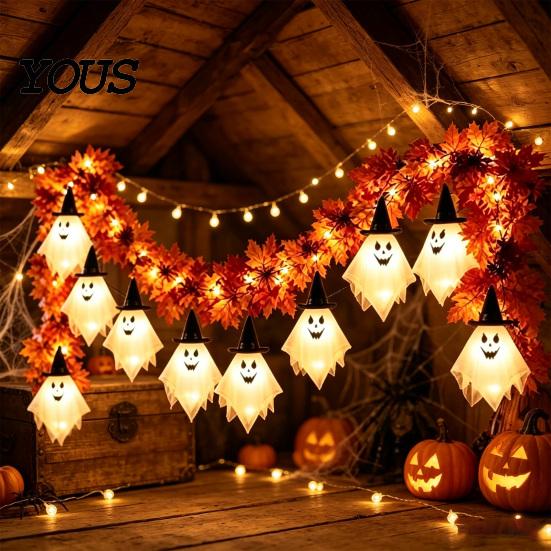 Novelty Gift for Kids Friends 70 Inch Halloween Light Up Ghost Garland, Spooky Maple Leaf String with 10 Seasonal Decorative Props Events Ghosts,