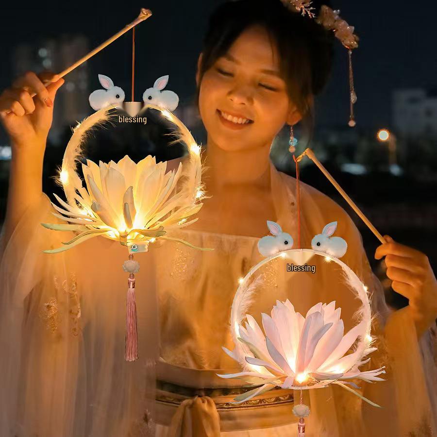 Mid-Autumn Hanfu Style Children's Luminous Lantern - Lotus & Jade Rabbit Design