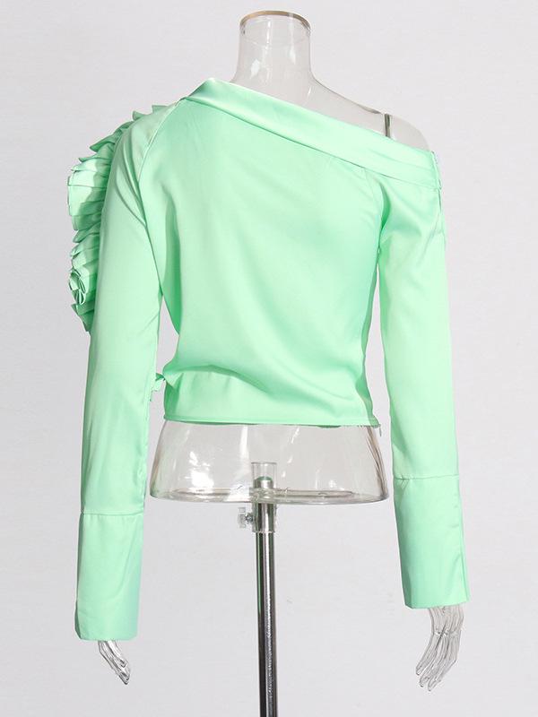 Elegant French Waist-Cinched Floral One-Shoulder Long-Sleeve Top for Spring 2026
