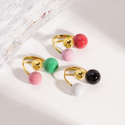 Exquisite Stainless Steel Open Ring Geometric Spherical Colorful Enamel Adjustable Ring Gold Plated Pearl Ring Festive Occasion