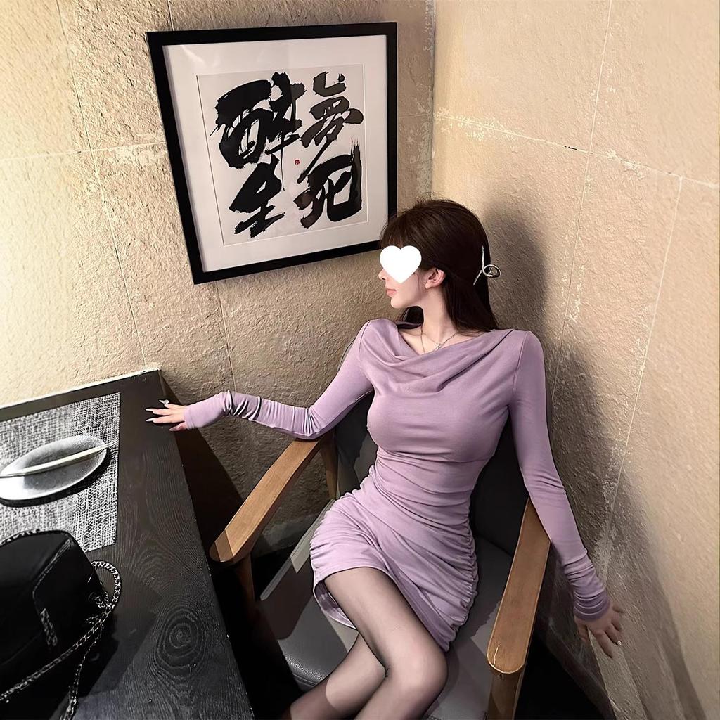 High Elastic Flowing Collar Dress In Bewitching Purple - Early Autumn Pleated Hip-Hugging Skirt, 230g