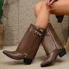 Pointed Toe Women Mid Calf Bootas Leather Chunky Retro Mid Heels Shoes 2025 Trend New Brand Designer Zipper Winter Botas Mujer