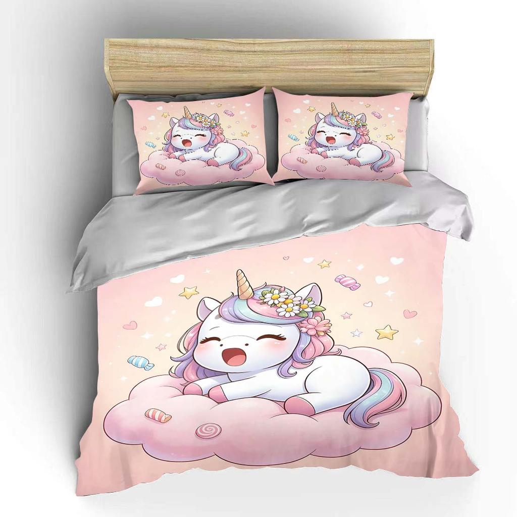 Cute unicorn with candy cloud Pattern Duvet Cover Set Digital Print Polyester Bedding with Zipper Closur for kids gifts