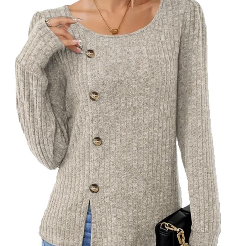 Long Sleeves Solid Color Crew Neck Button Long Sleeve Loose T-Shirt Top Women