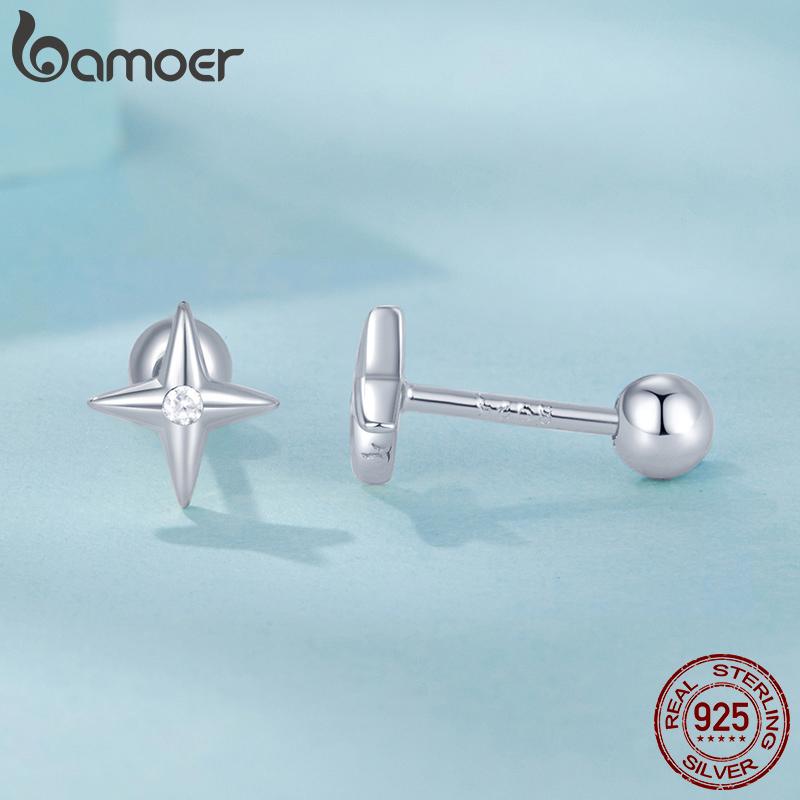 BAMOER 100% 925 Sterling Silver Star Stud Earrings, Handmade 6mm Dainty CZ Gold Plated Earrings for Women Jewelry Gift