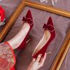 Women's Spring and Autumn New Red Rhinestone Bow Large Wedding Shoes Pointed Comfortable Shallow Mouth High Heels