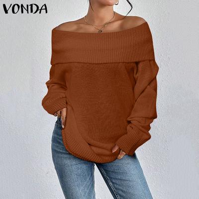 Women Autumn Off Shoulder Long Sleeve Solid Color Pullover Sweaters