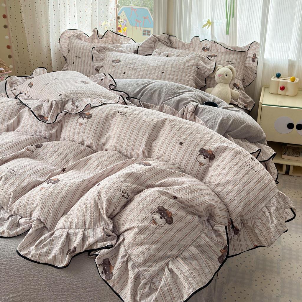 Bubble Cotton Fresh Floral Lace Bedding Set - 4-Piece Soft Duvet Cover & Sheet