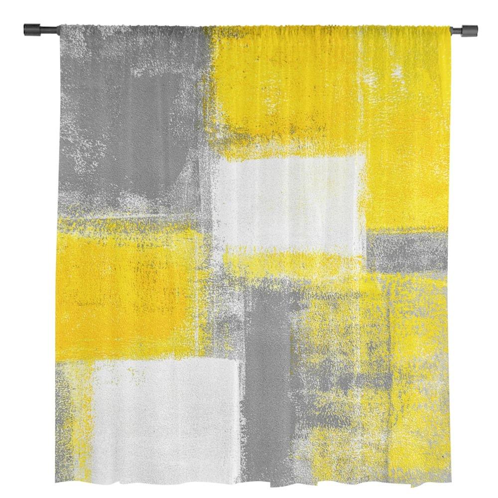Oil Painting Abstract Geometric Yellow Gray Sheer Curtains for Living Room Decoration Window Curtain Kitchen Tulle Voile Drapes