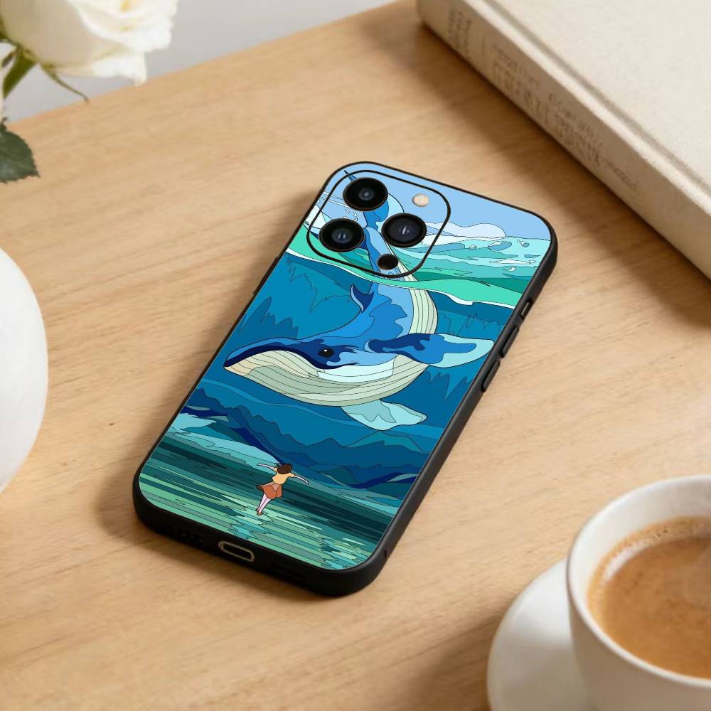 Whale Fall-Art Phone Case For iPhone 17 16 15 14 13 12 Max Plus Silicone Black Cover