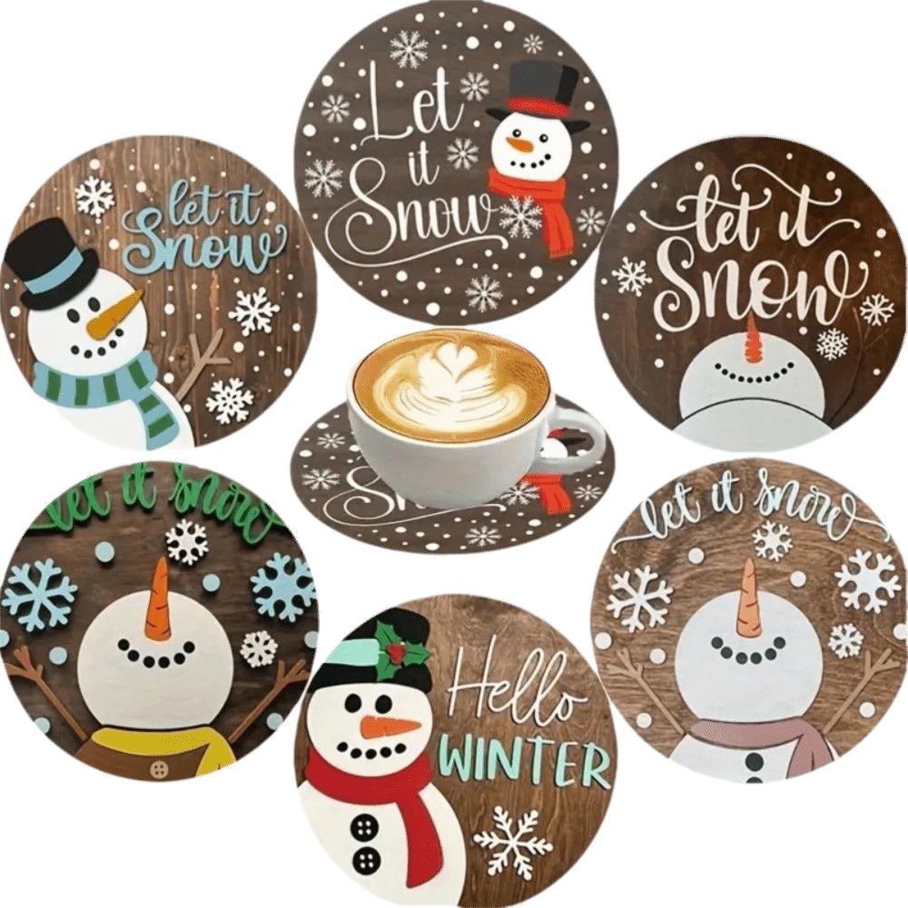 6pcs Snowman Santa Claus Coaster Wooden Coffee Cup Mat Christmas Drink Coaster  Christmas Party