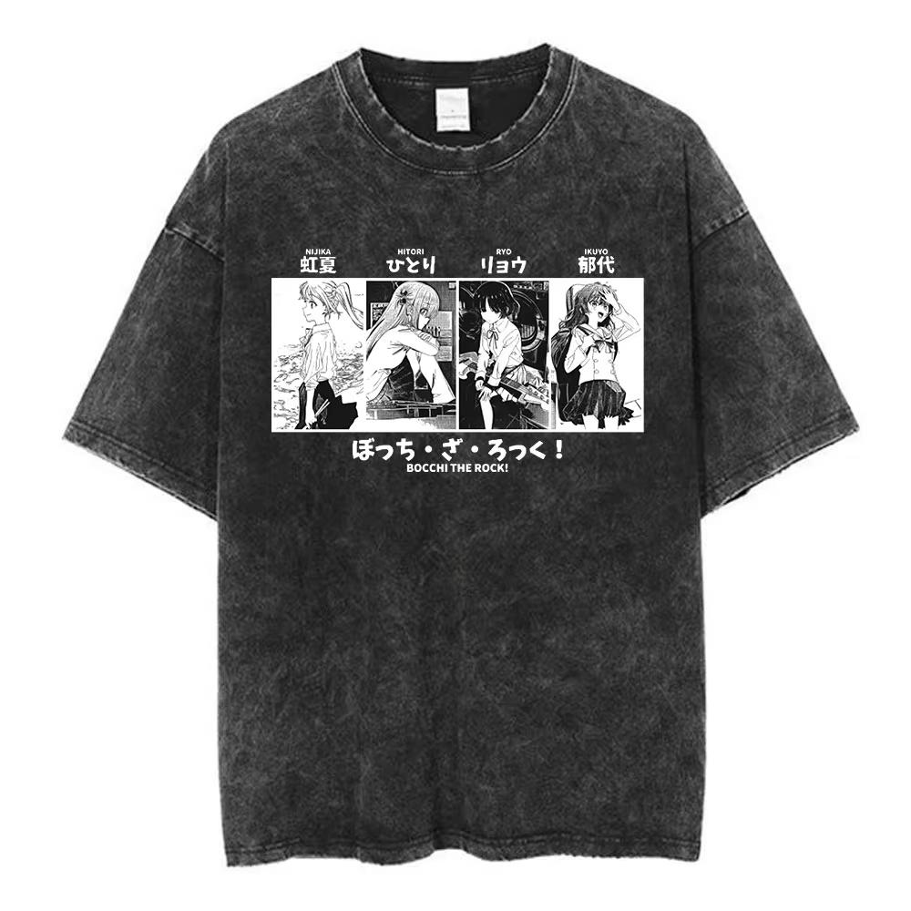 Vintage Gewaschenes Locker geschnittenes Hip Hop Streetwear T-Shirt für Herren & Damen, Anime Bocchi The Rock Hitori Gotoh Grafikdruck