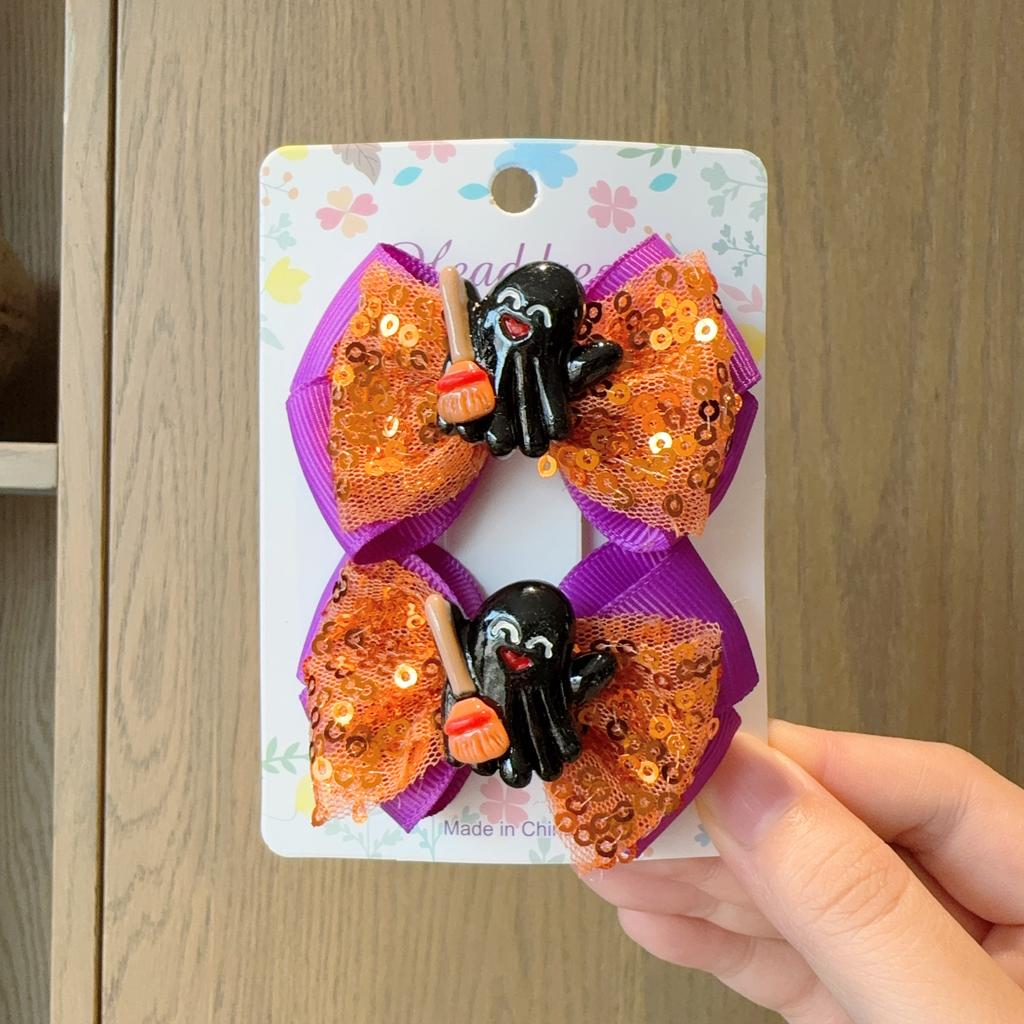 2Pcs/Set New Halloween Cartoon Hairpins Bows Hair Accessories Lace Sequin Hairpins Children Cute Barrettes Kids Gift
