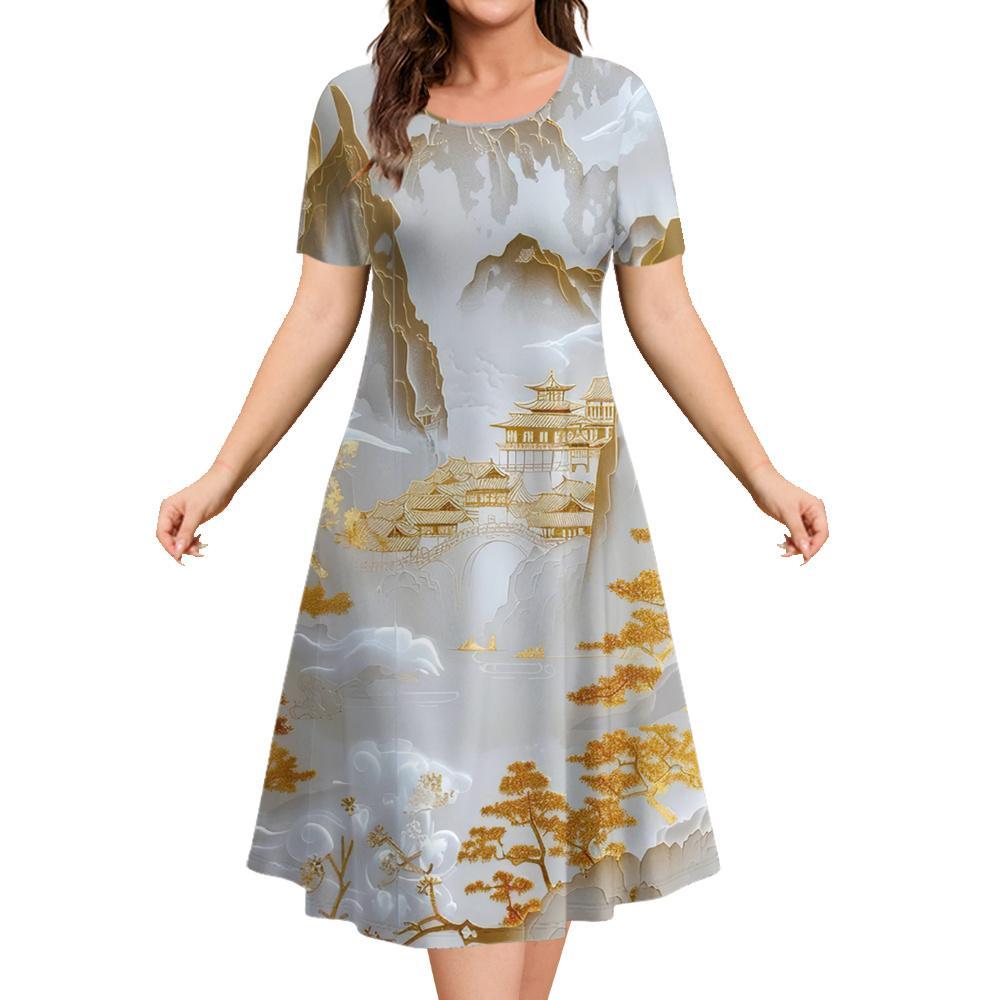 Marble Landscape Printed Women's Clothing Summer Short Sleeve Elegant Party Dresses Round Neck Short Sleeve Blue Premium Dress