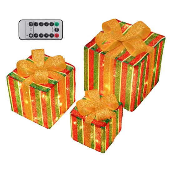 3 Stück Weihnachtsgeschenkboxen mit Beleuchtung und Schleife LED Leuchtende Geschenkboxen für Innen- und Außenbereich Zuhause Veranda Weihnachtsbaum Partydeko
