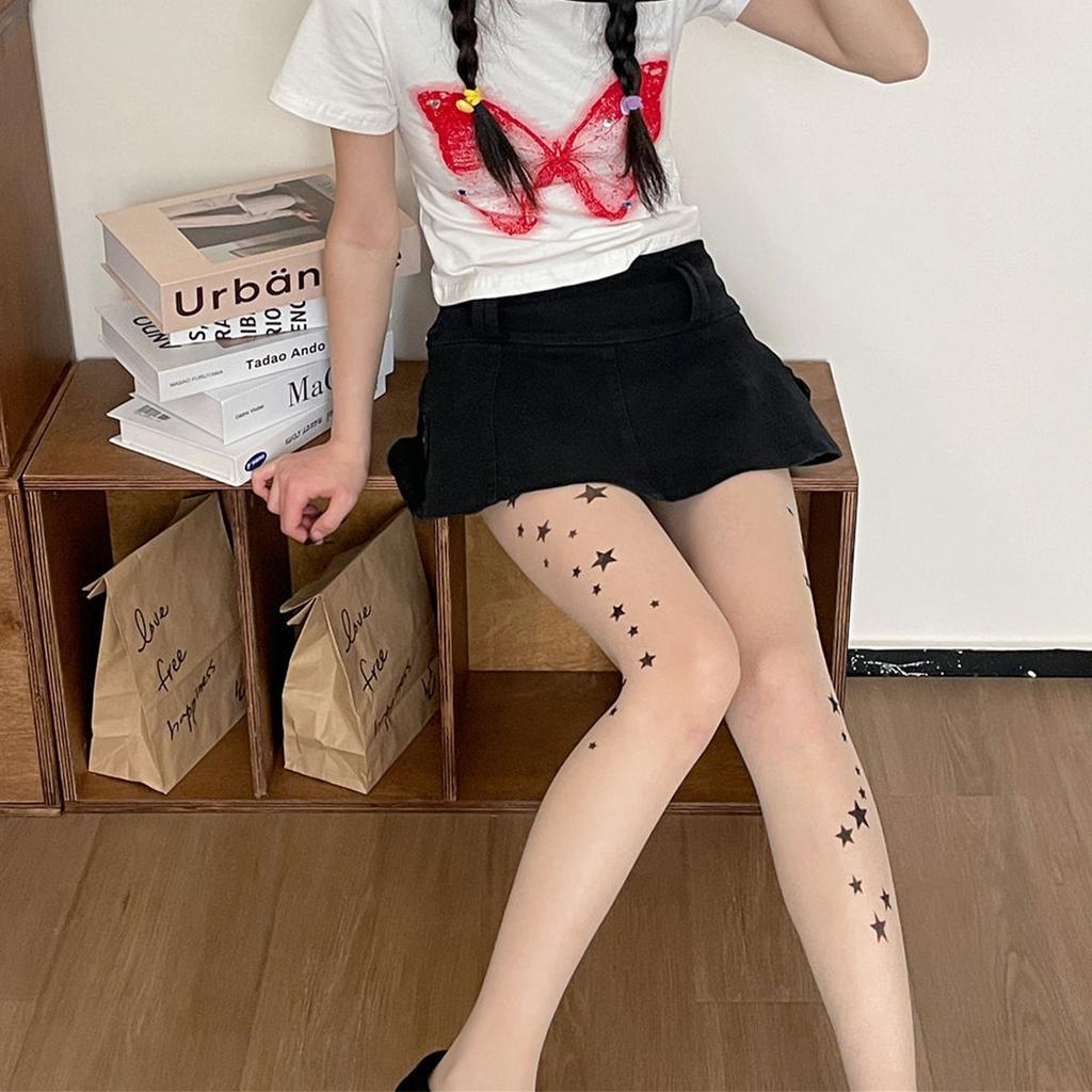Star Print Thin Summer & Spring Stockings - Skin-Tone, See-Through, Cute & Versatile Tights