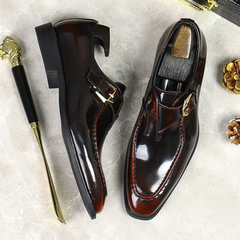 Fashion Luxury Patent Leather Mens Formal Shoes Handmade Buckle Decorated Genuine Leather 2025 Wedding Social Shoes Man