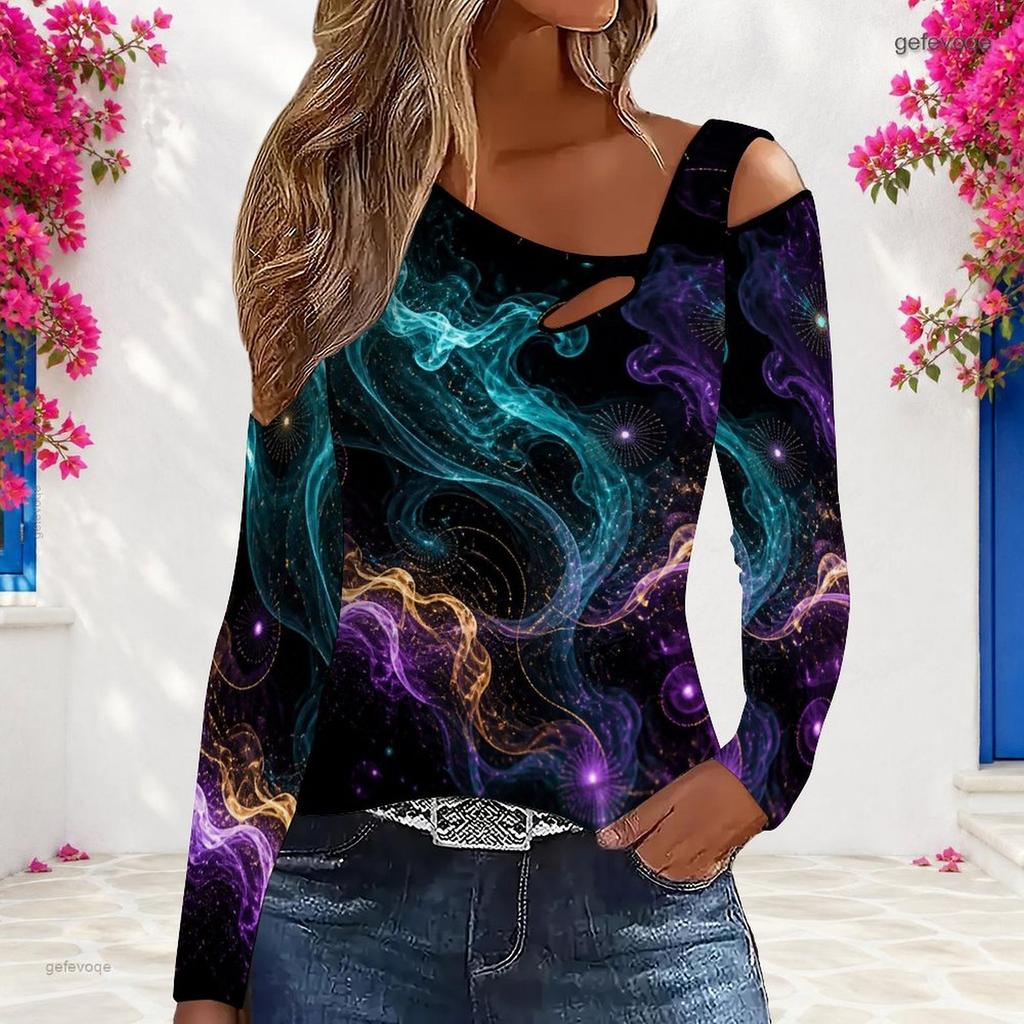 Women Plus Size Asymmetric Cutout Neck Cold Shoulder Long Sleeve Galaxy Printed Fitted Top