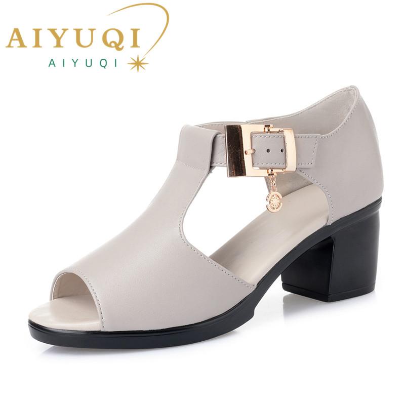 Fashion AIYUQI Women Sandals Genuine Leather 2024 Summer Fashion Style Woman Sandals Solid Casual Concise Lady Med Heel Shoes Sandals