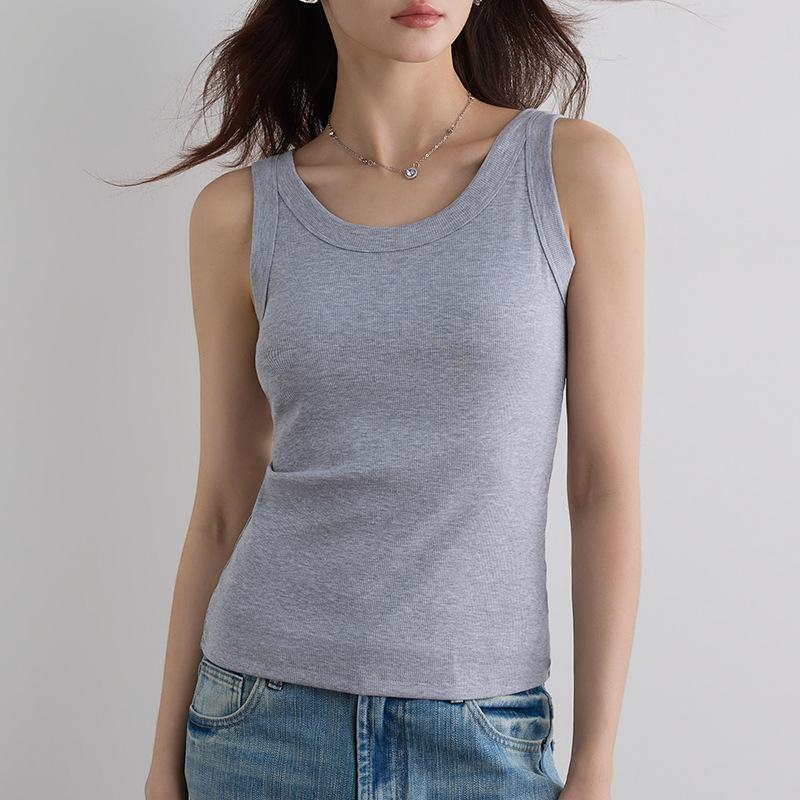 Women Thin Slim Fit Solid Color Round Neck Ribbed Camisole Tank Top Inner Wear