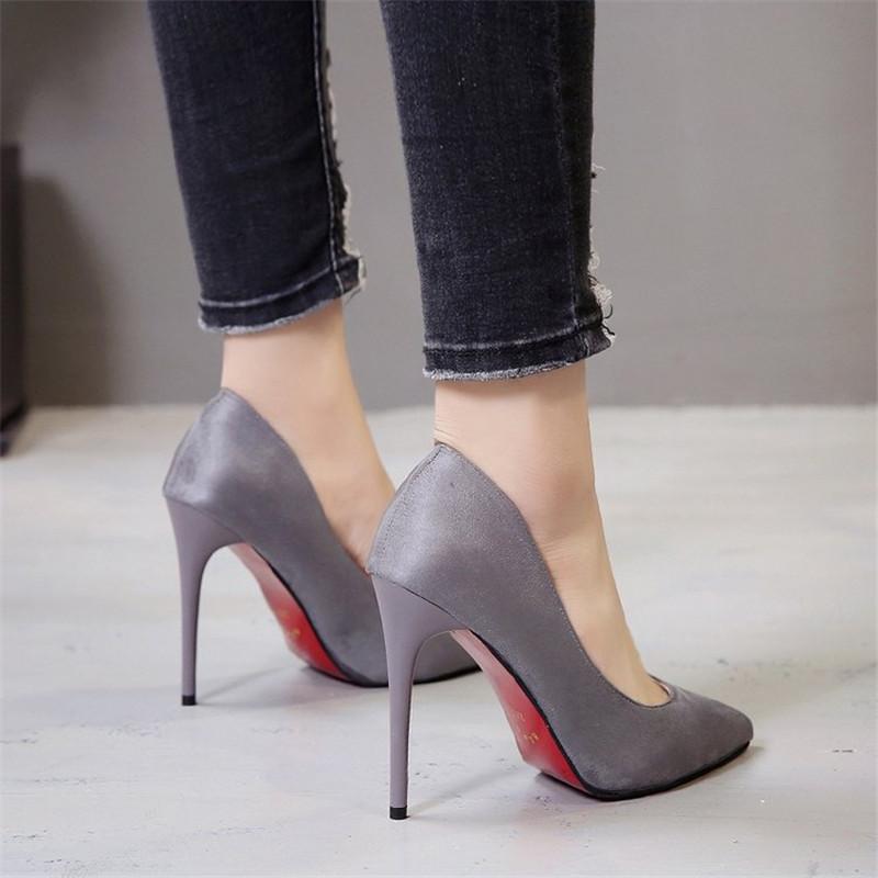 Fashion 11.5cm Super High Stiletto Heels Pumps Women Office Flock Pointed Toe Thin Heel Party Shoes Woman Plus Large Size 43 44