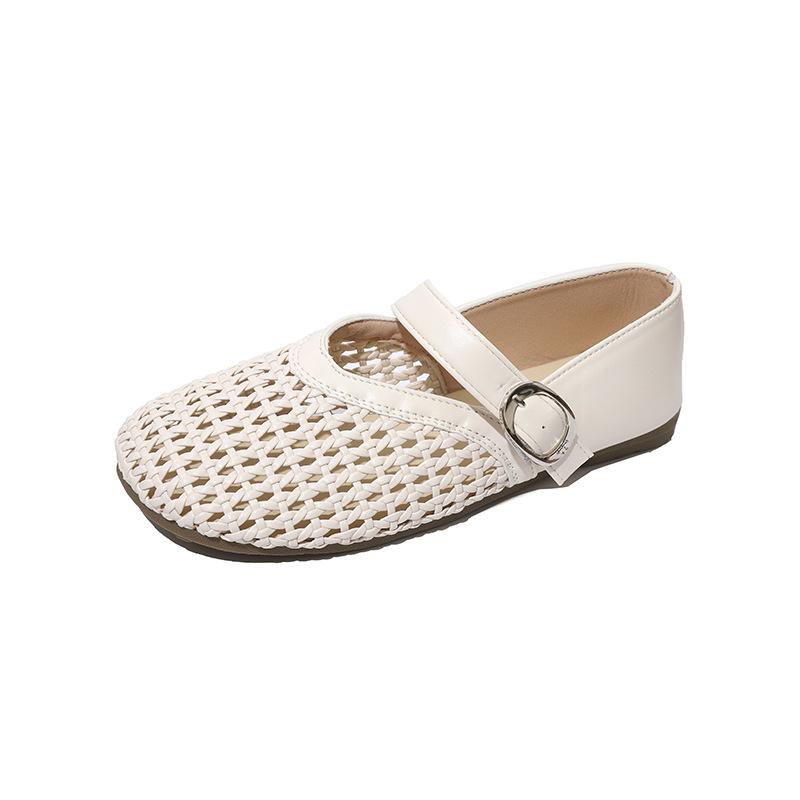 Hollow Fishing Net Crocheted One-word Strap Single Shoes Women's 2025 New Round Head Flat-soled Ballet Shoes Woven Mary Jane