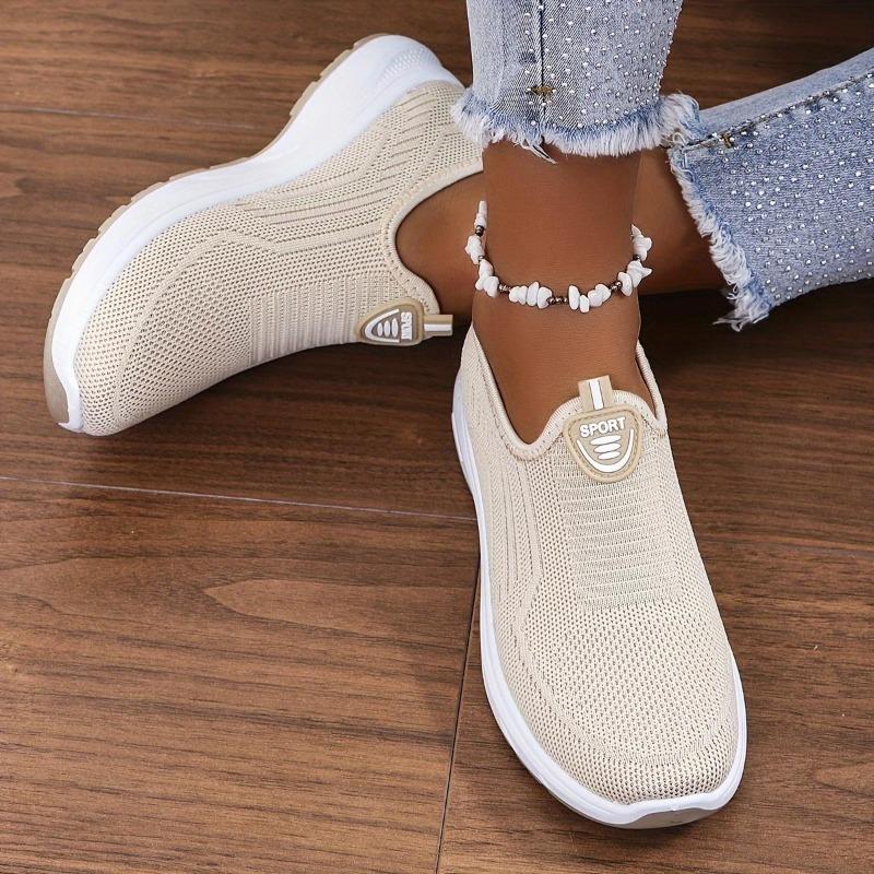 Women's Solid Color Platform Sneakers, Breathable Knit Slip On Outdoor Shoes, Comfortable Low Top Sport Shoes