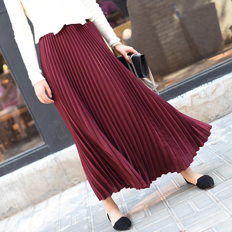 Women Summer Solid Long Dress Elastic Waist Pleated Boho Beach Maxi Skirt