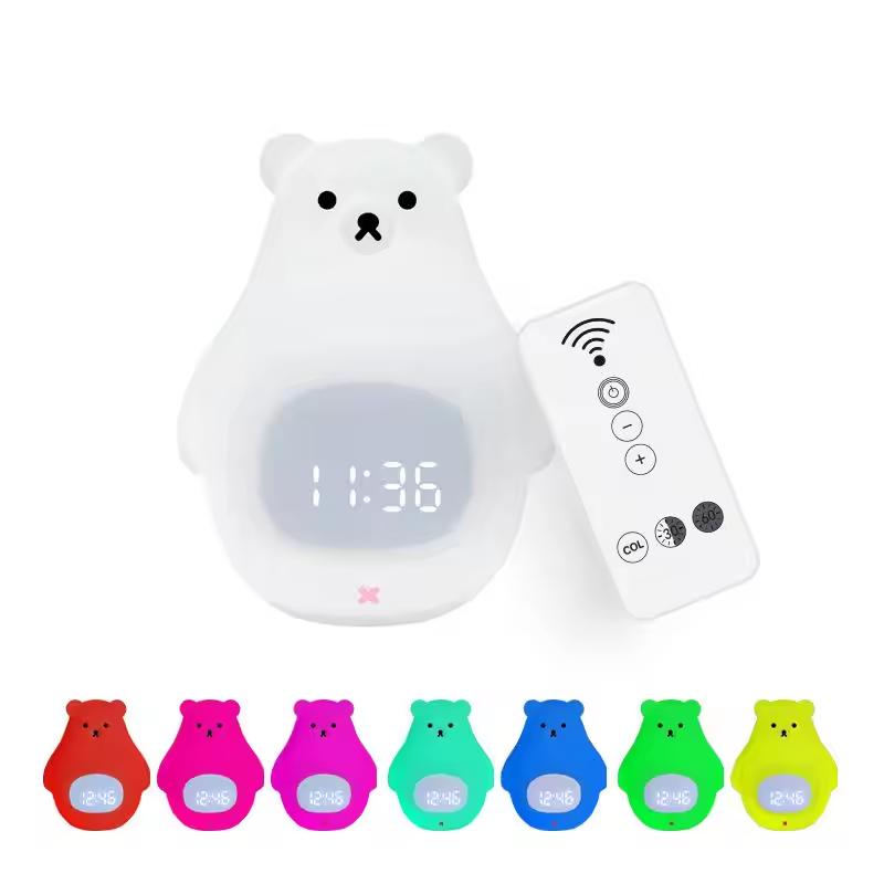 Cute Bear Alarm Clock Night Light for Kids Room Silicone Bedside Light Cartoon Animal Lamp Custom Night Light for Children