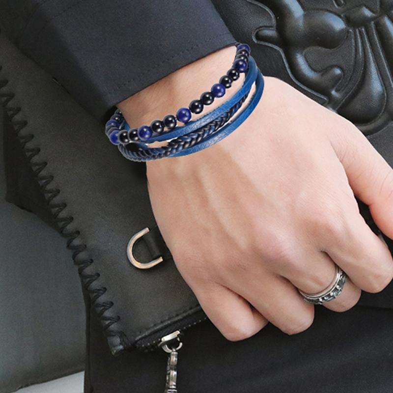 2026 New Punk Men Beaded Bracelets Classic Fashion Blue Lapis Lazuli Beaded Multilayer Leather Bracelet For Men Jewelry Gift