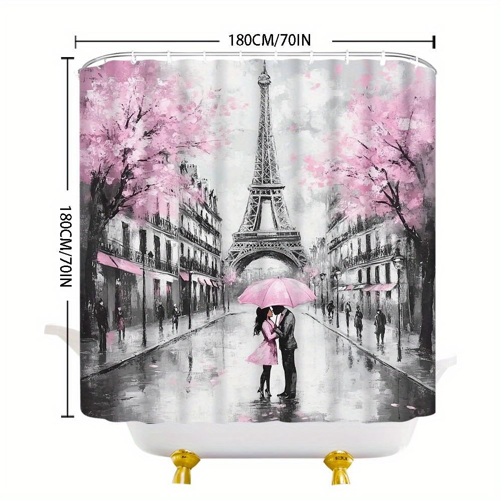 Rideau de douche parisien romantique - Fleurs de cerisier, Tour Eiffel, Couple des années 1940, Parapluie rose, Décor de salle de bain nostalgique,