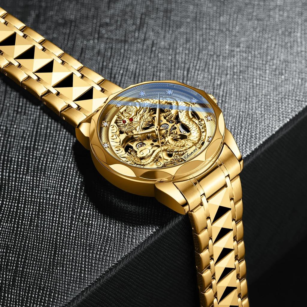 Gold 3D Dragon Dial Watches for Men Luxury Automatic Mechanical Watch Stainless Steel Strap Hollow-carved Wristwatches