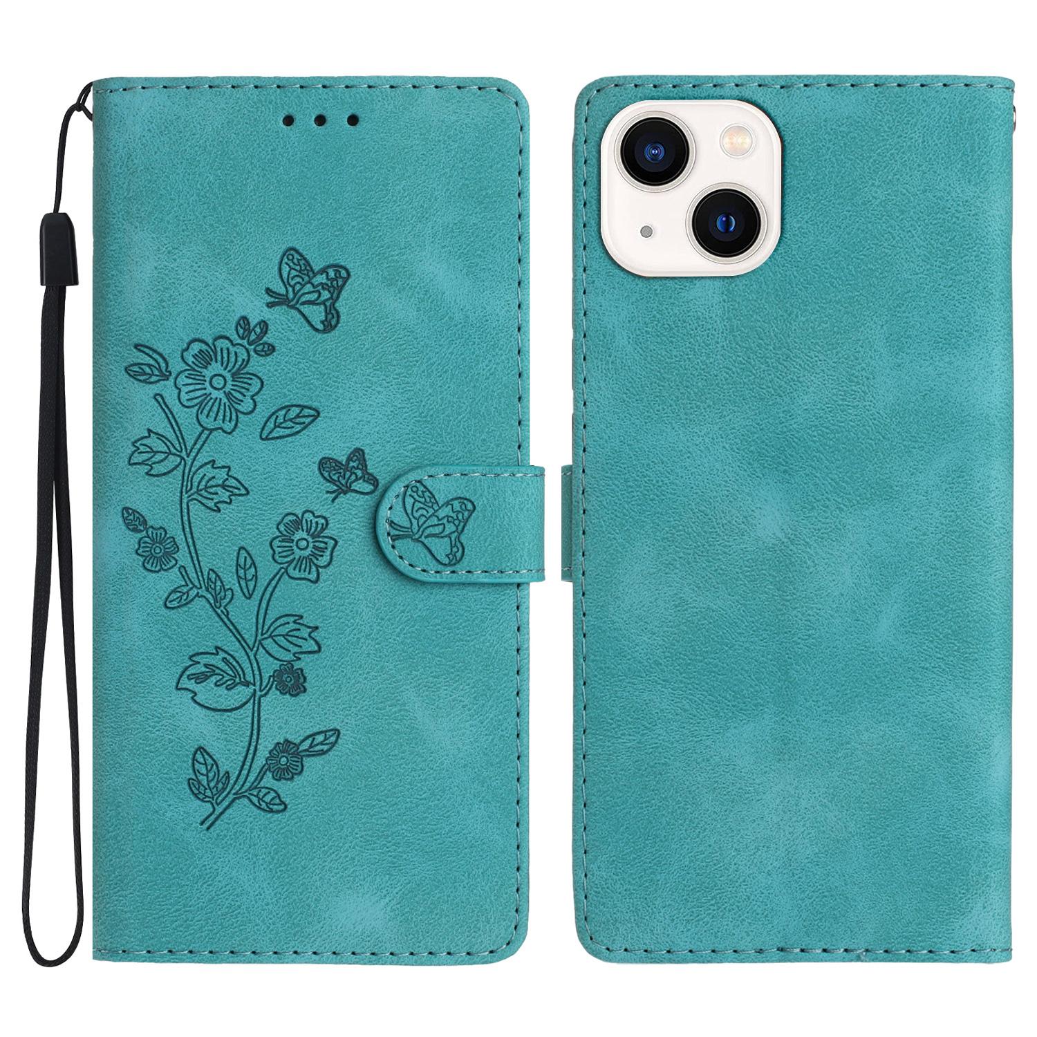 

For iPhone 13 mini 5.4 inch Leather Wallet Phone Cover Flower Imprinted Stand Mobile Case Sky Blue