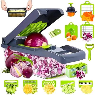 Multifunktionaler Gemüseschneider, Obst- und Kartoffelschäler, Karottenreibe, Küchenzubehör, Abtropfkorb, Schneidemaschine, Lebensmittelsalate, Zwiebel- und Knoblauchhacker