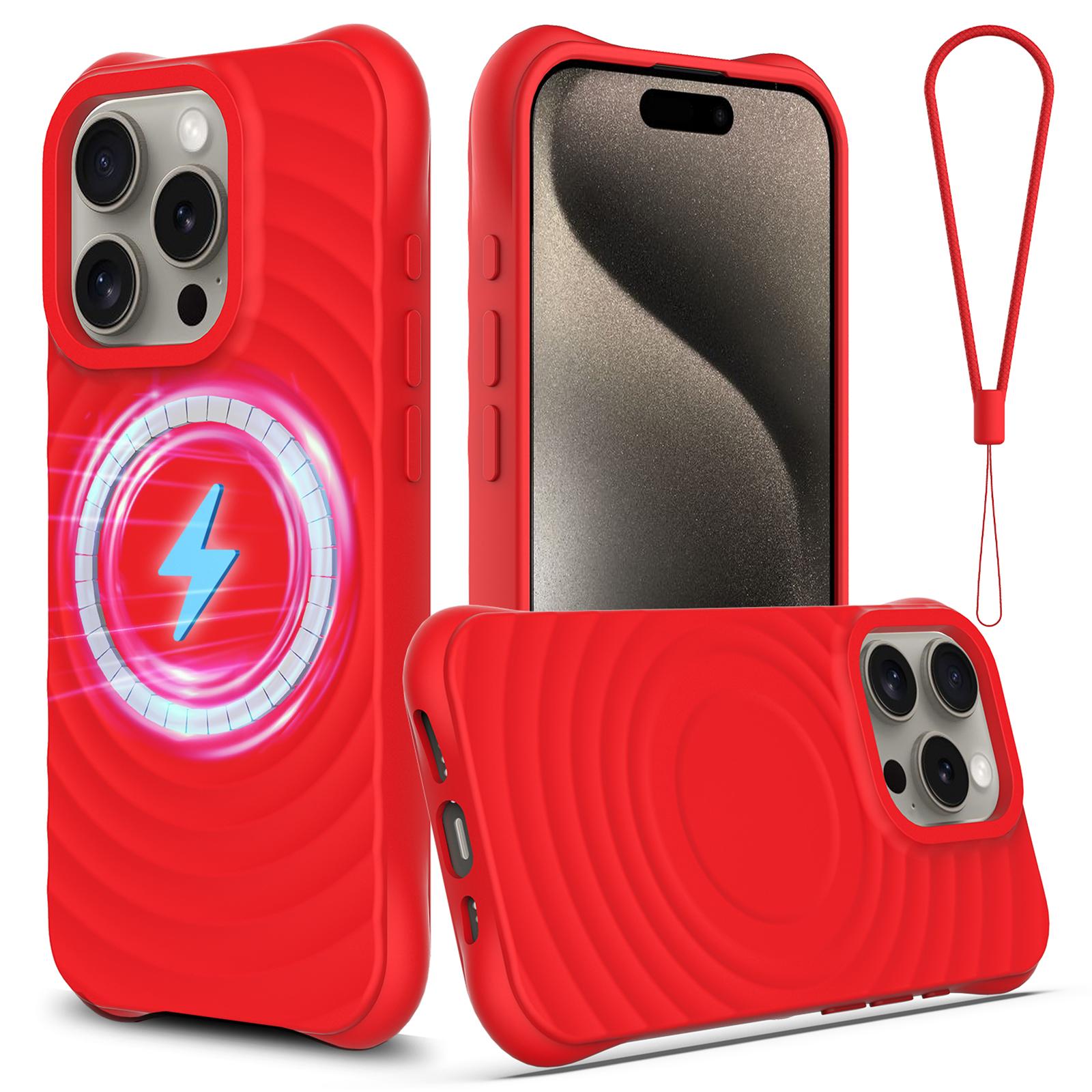 

For iPhone 16 Pro Max Case Compatible with MagSafe Ripple Texture Liquid Silicone Protective Cover with Strap Red