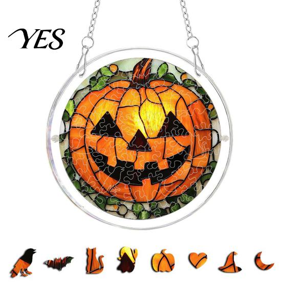 Transparent Stained Glass Halloween Acrylic Puzzle Decor, 2D Ghost Pumpkin Skeleton Hanging Sign, Faux Holiday Spooky Decorations for Party