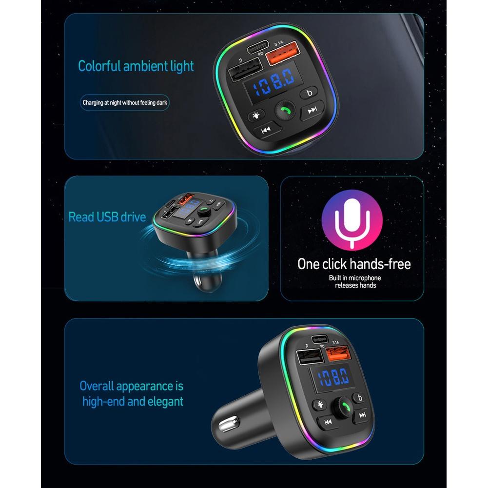 Wireless Car MP3 Player FM Transmitter with Hands Calling and USB C Fast Charging Dual USB Car Charger for 12 Volt Cars
