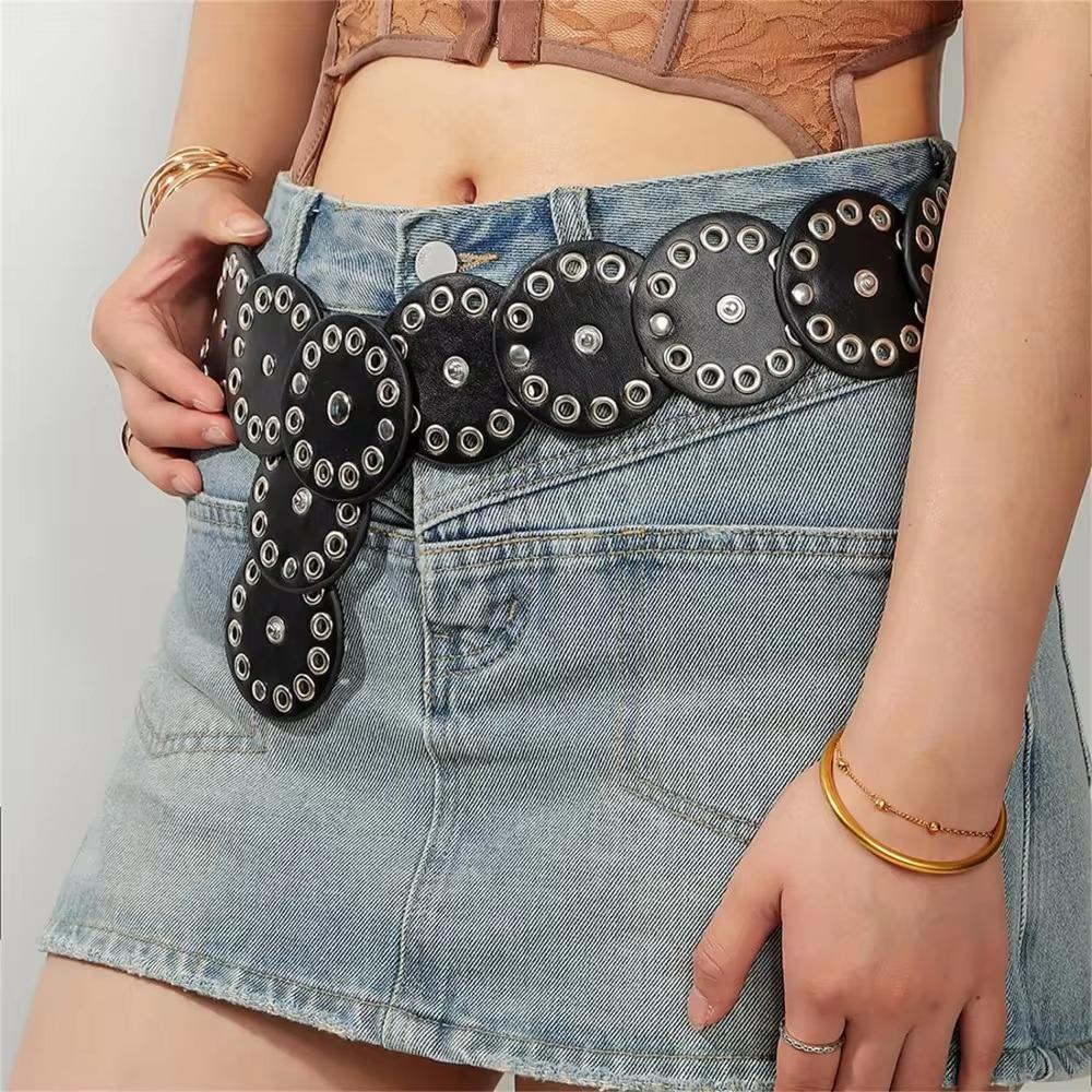 Y2k Disc PU Hollow Belt Zinc Zinc Alloy Concho Waistband Adjustable Rivet Wide Belt Festival