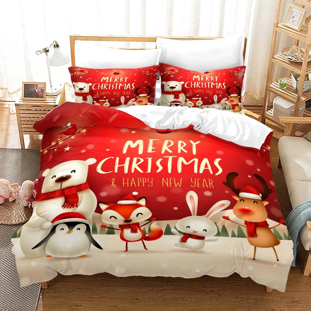 Red Christmas Duvet Cover Santa Claus Snowman Bedding Set Microfiber Cartoon Comforter Cover With Pillowcases