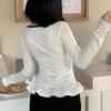 2025 Spring French Style Polka Dot Ruffle Trim Tie-Up Slim Fit Top for Women