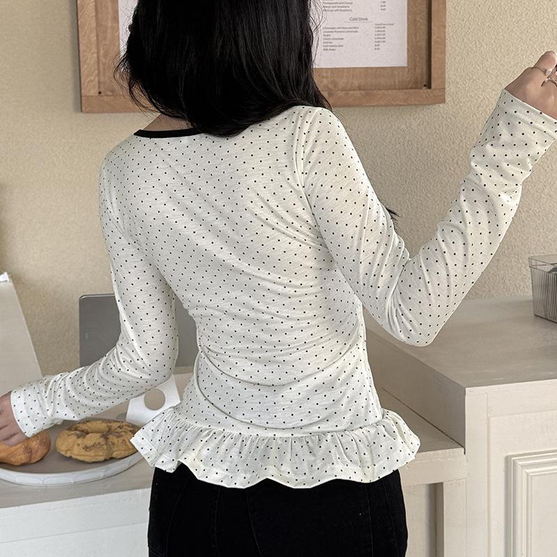2025 Spring French Style Polka Dot Ruffle Trim Tie-Up Slim Fit Top for Women