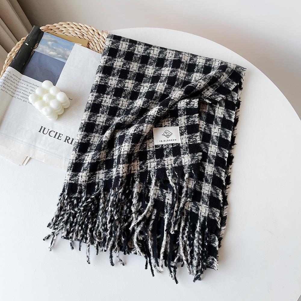 Circle Yarn Thousand Bird Plaid Shawl Scarf Women's Winter High-end Atmosphere Black British Style Scarf Shawl