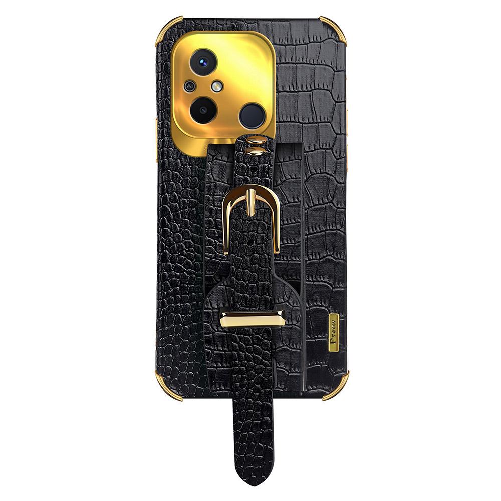 

For Xiaomi Redmi 12C 4G Wristband Kickstand Phone Case Electroplating Crocodile Texture Leather Coated TPU Cover Black