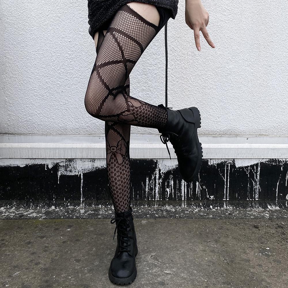 Sexy Schwarze Netzspitzen-Strumpfhalterstrümpfe – Rutschfest, Langschaft, Transparent im Japanischen Stil für Damen